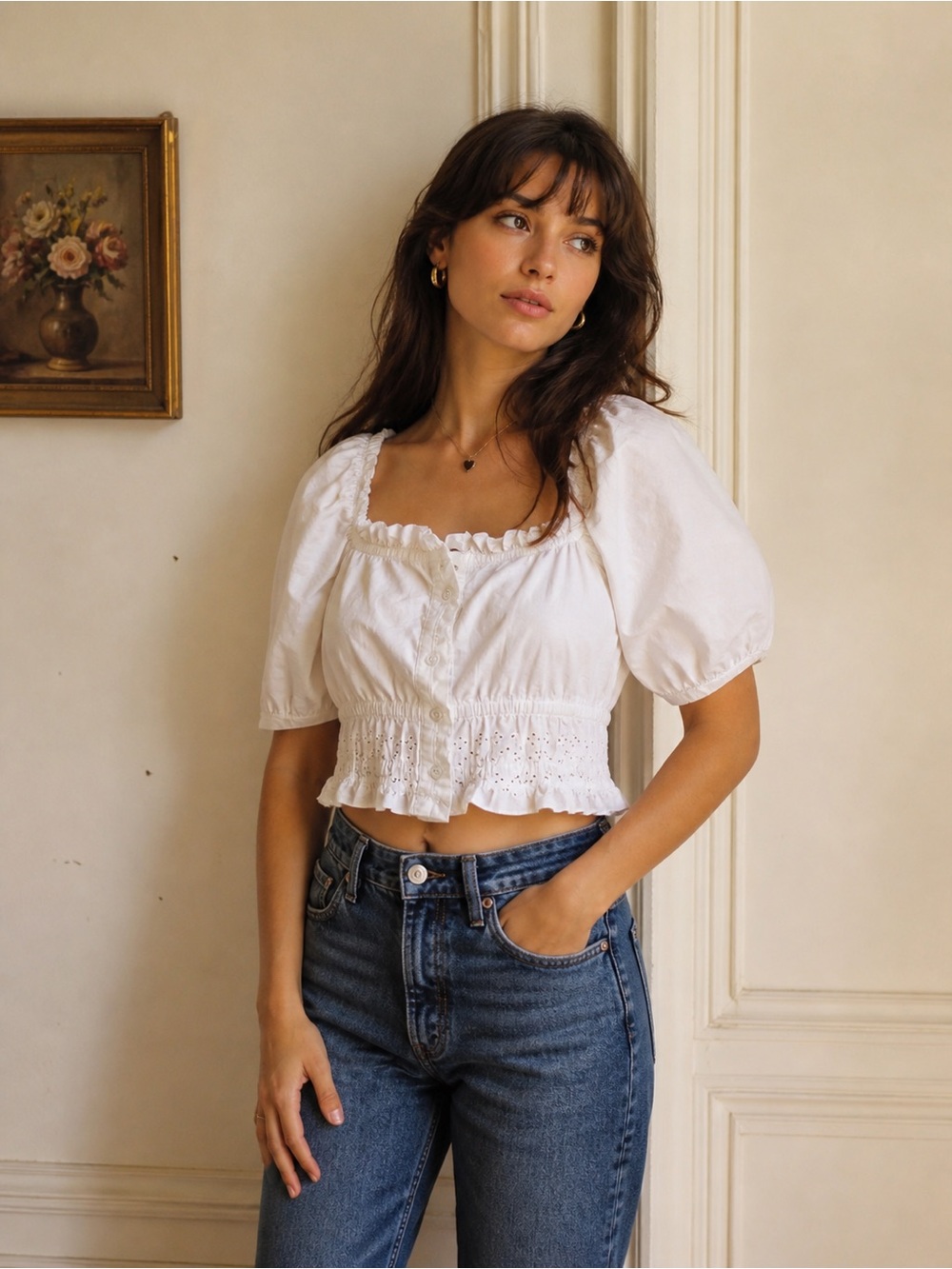 NWT Rouje Paris Lili White Cotton Guipure Puff Sleeve Top Peasant Coastal
